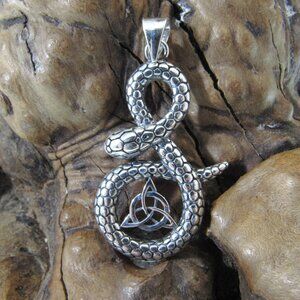 Solid 925 Sterling Silver Celtic Trinity Triquetra Knot and Snake Pendant
